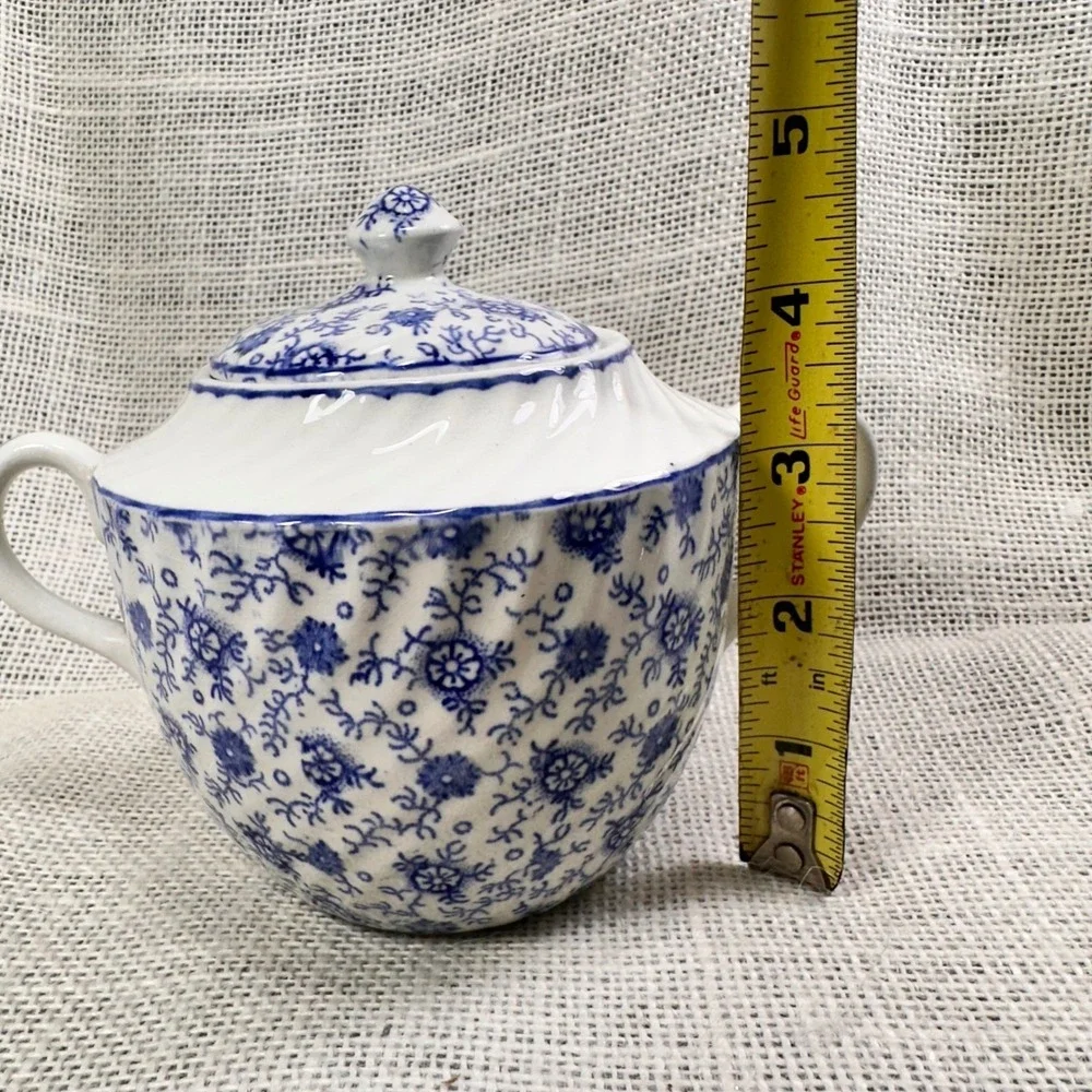 English Anchor Blue White Transferware Covered‎ Sugar Bowl England